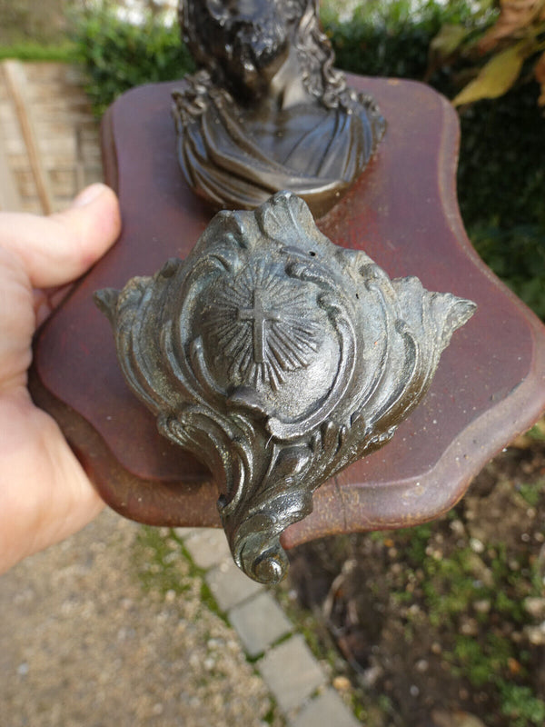 Antique Wood metal relief christ head Holy water font plaque religious