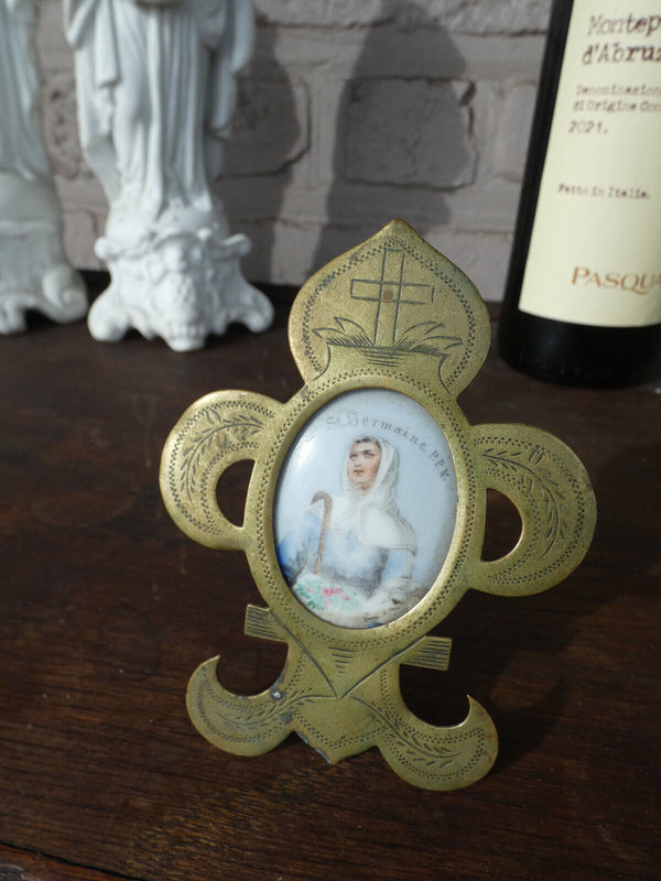 Antique French Brass Standing religious frame Saint Germanine medaillon paint