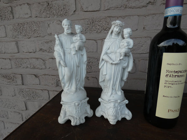 PAIR antique LETU MAUGER french bisque porcelain joseph mary jesus statue set