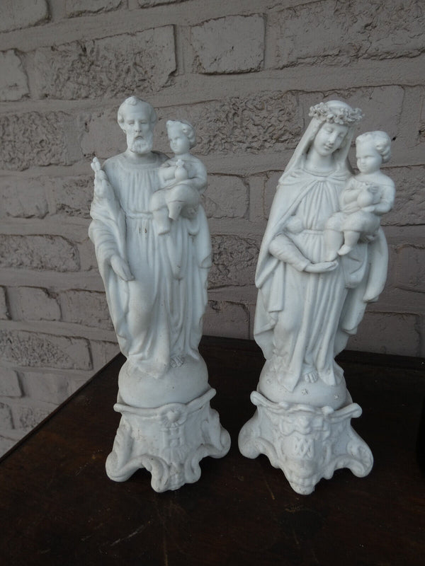 PAIR antique LETU MAUGER french bisque porcelain joseph mary jesus statue set