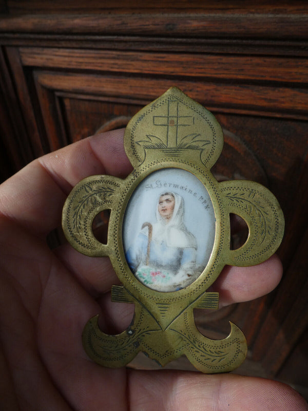 Antique French Brass Standing religious frame Saint Germanine medaillon paint