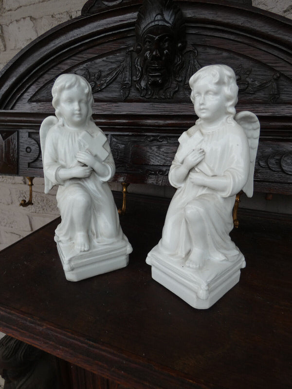 PAIR antique belgian TeCO porcelain signed Angel praying Statue figurine