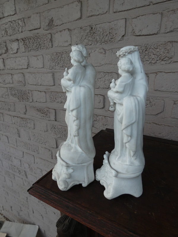 PAIR antique LETU MAUGER french bisque porcelain joseph mary jesus statue set