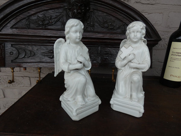 PAIR antique belgian TeCO porcelain signed Angel praying Statue figurine