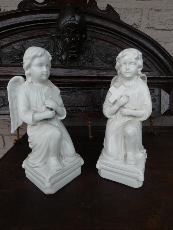 PAIR antique belgian TeCO porcelain signed Angel praying Statue figurine