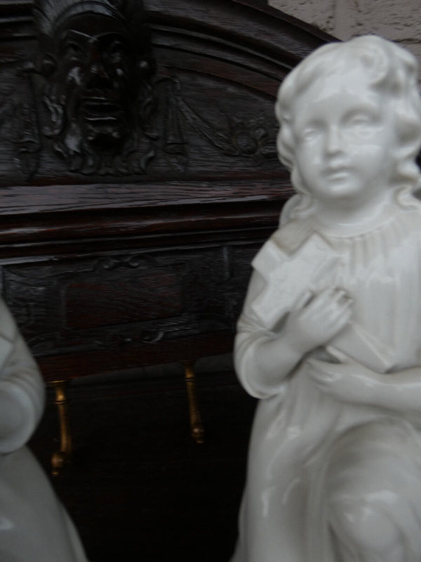 PAIR antique belgian TeCO porcelain signed Angel praying Statue figurine