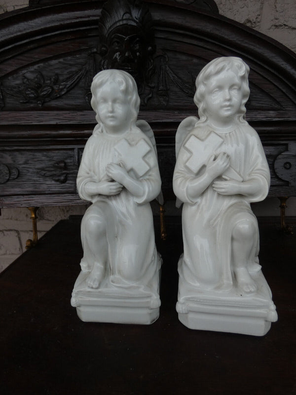 PAIR antique belgian TeCO porcelain signed Angel praying Statue figurine