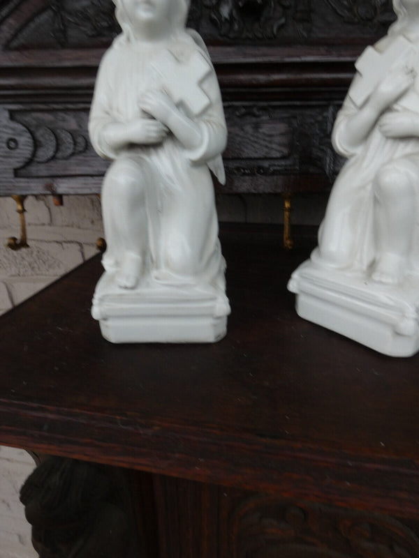 PAIR antique belgian TeCO porcelain signed Angel praying Statue figurine