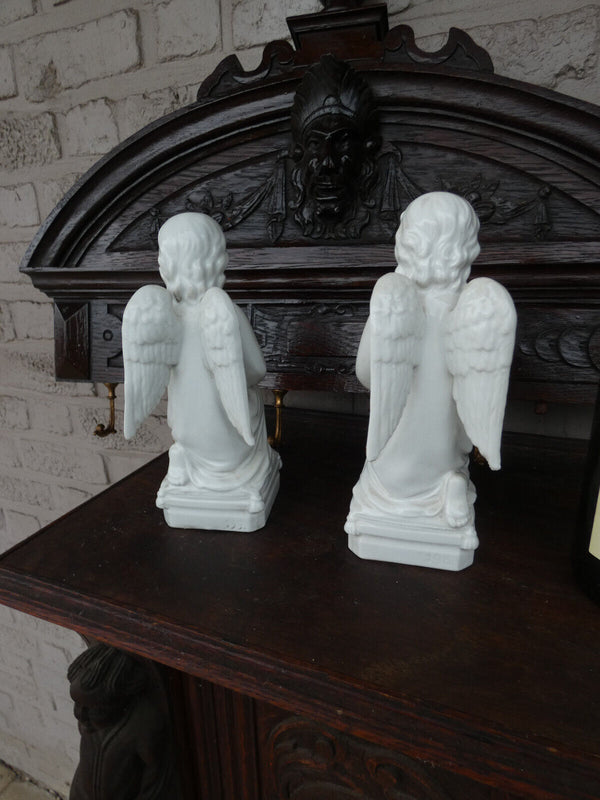 PAIR antique belgian TeCO porcelain signed Angel praying Statue figurine