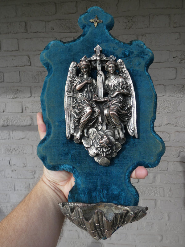 Antique French large Holy water font plaque angels rare velvet religious