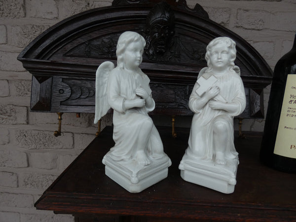 PAIR antique belgian TeCO porcelain signed Angel praying Statue figurine