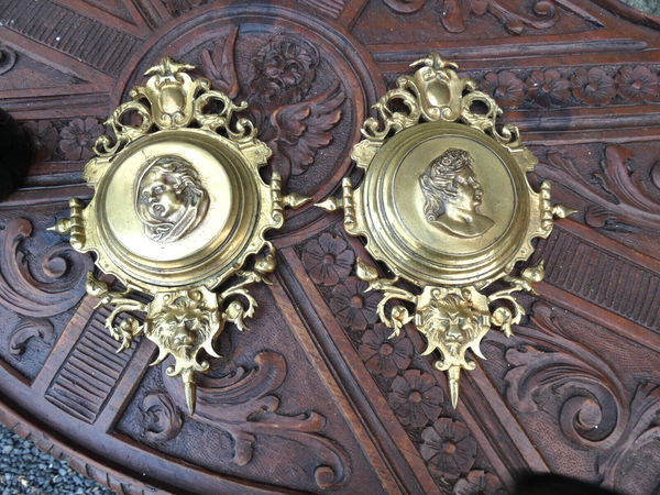 PAIR antique bronze portrait wall plaques lion heads