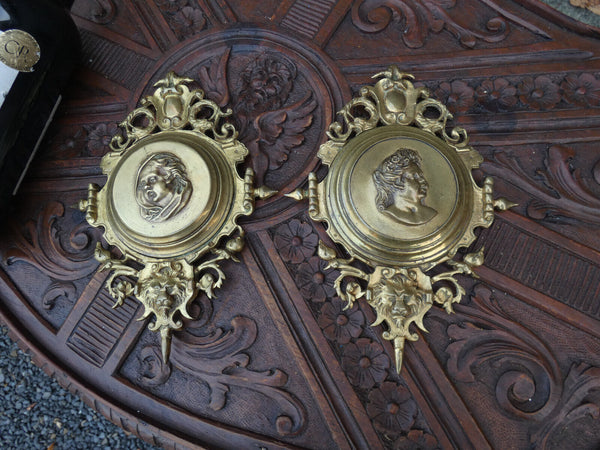 PAIR antique bronze portrait wall plaques lion heads