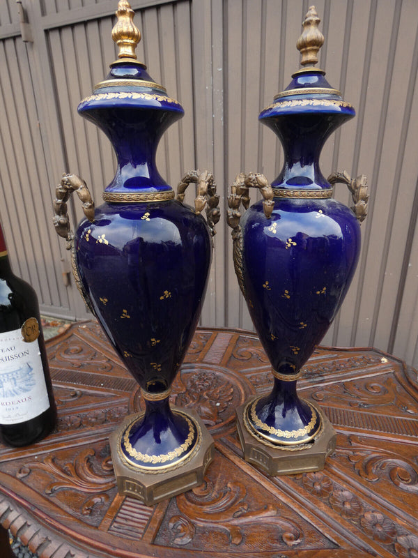 PAIR antique sevres style cobalt porcelain Vases romantic decor marked