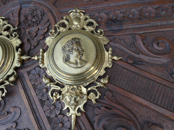 PAIR antique bronze portrait wall plaques lion heads