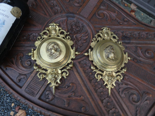 PAIR antique bronze portrait wall plaques lion heads