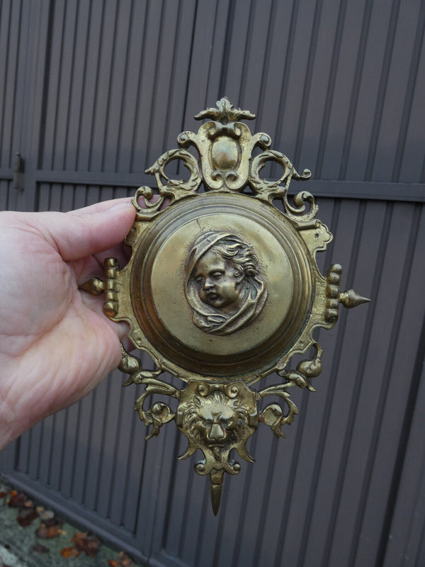 PAIR antique bronze portrait wall plaques lion heads