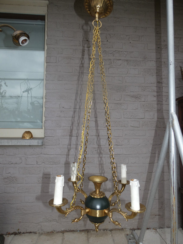 Vintage EMpire style bronze swan 4 arms Chandelier lamp 1960