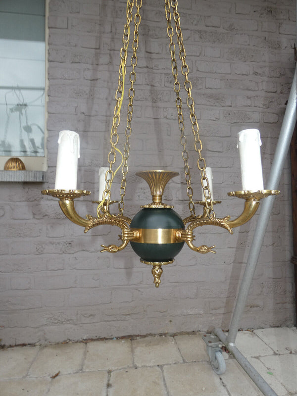 Vintage EMpire style bronze swan 4 arms Chandelier lamp 1960