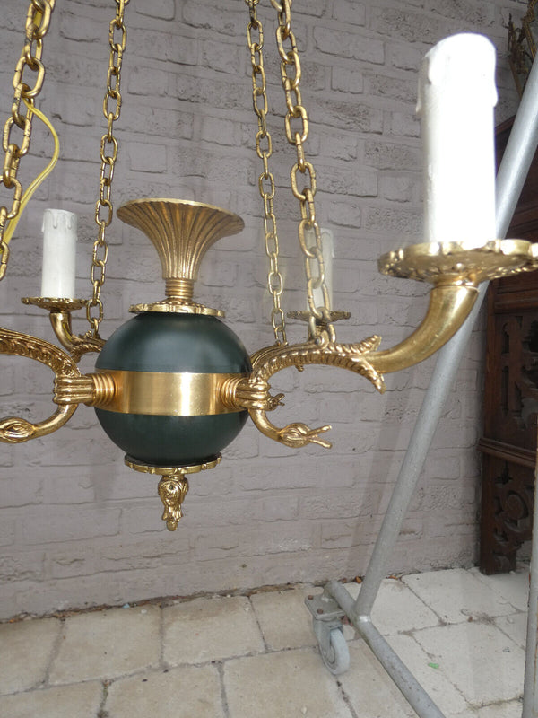 Vintage EMpire style bronze swan 4 arms Chandelier lamp 1960