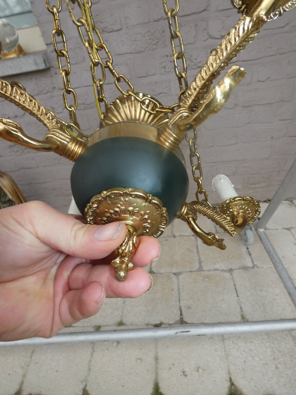 Vintage EMpire style bronze swan 4 arms Chandelier lamp 1960