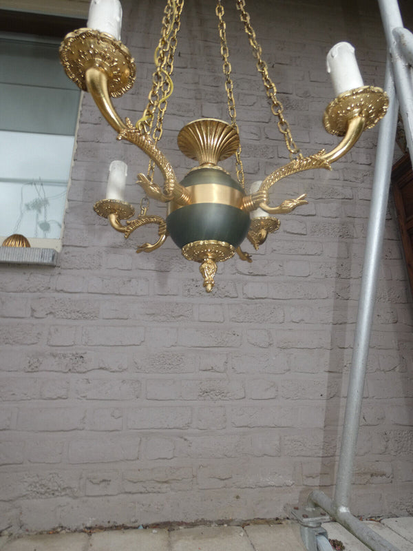 Vintage EMpire style bronze swan 4 arms Chandelier lamp 1960