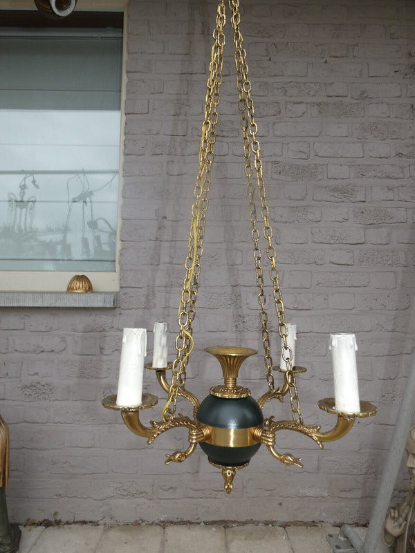 Vintage EMpire style bronze swan 4 arms Chandelier lamp 1960