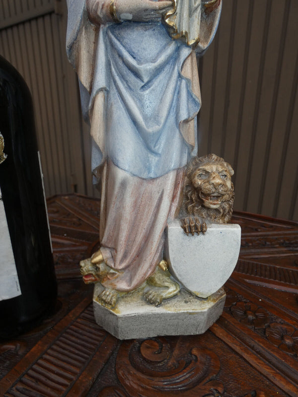 Vintage Flemish Our lady flanders lion snake stoneware madonna  statue rare