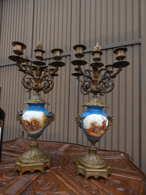 PAIR antique Sevres porcelain hand paint decor bronze candelabras candle holder