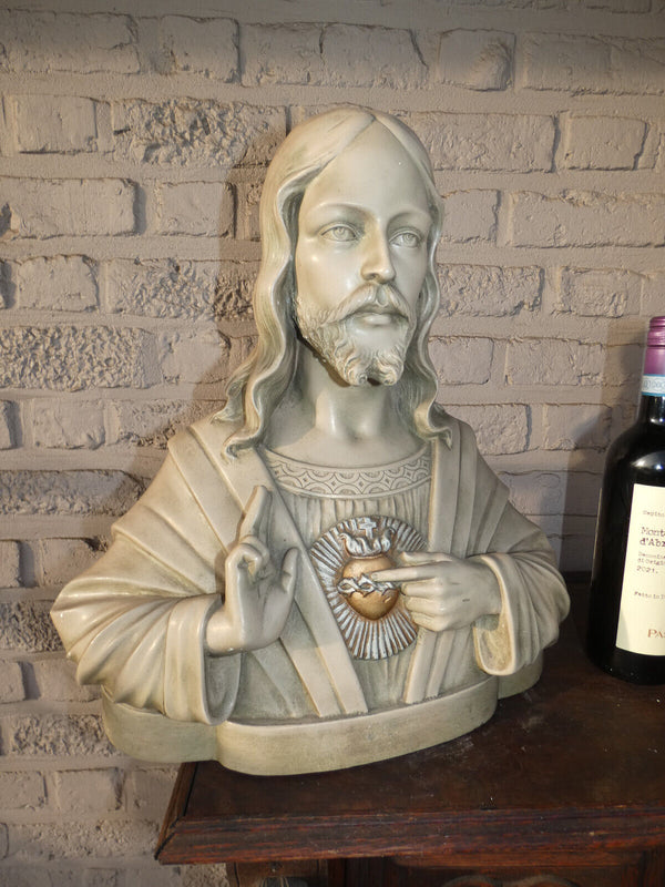 Antique Belgian Ceramic chalk SAcred heart bust sculpture jesus christ religious