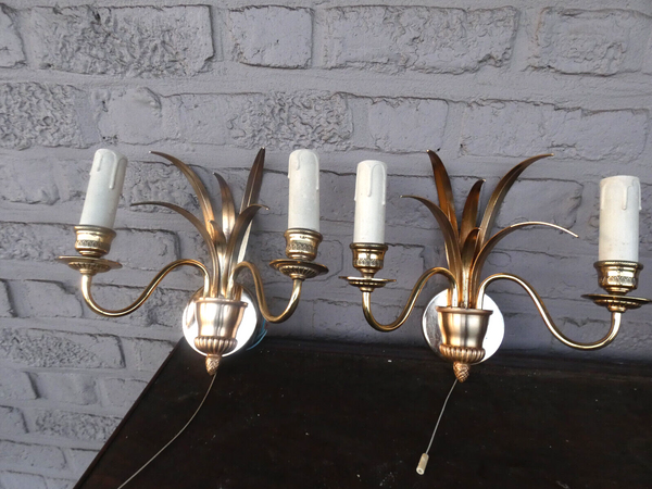 PAIR SA BOULANGER hollywood regency wall lights sconces leaf marked