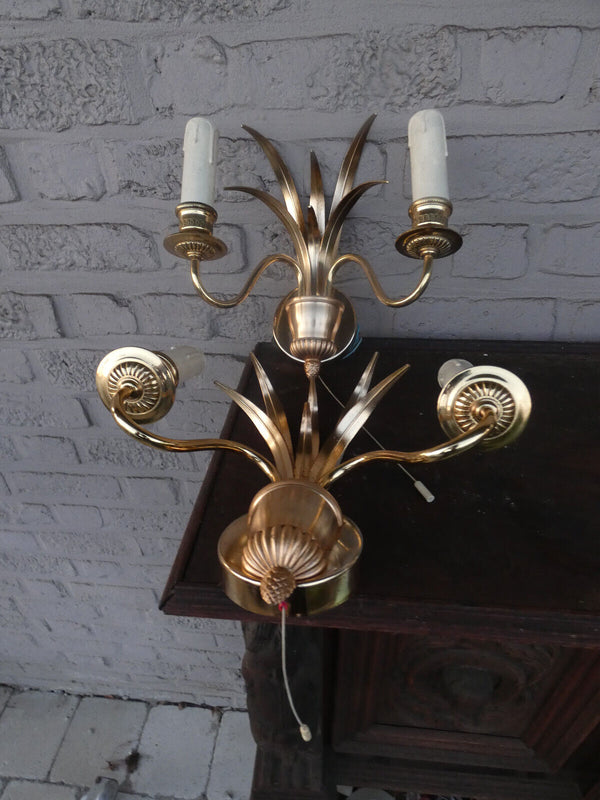 PAIR SA BOULANGER hollywood regency wall lights sconces leaf marked