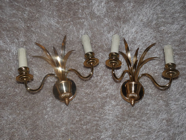 PAIR SA BOULANGER hollywood regency wall lights sconces leaf marked