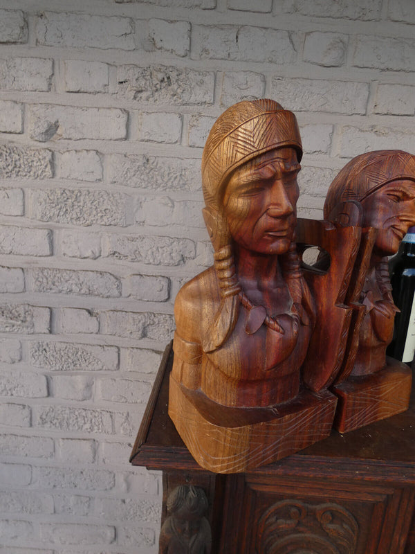 PAIR LARGE wood carved native american Tribal art bookends mid 20thc