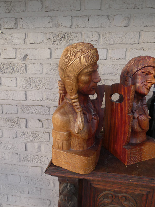 PAIR LARGE wood carved native american Tribal art bookends mid 20thc