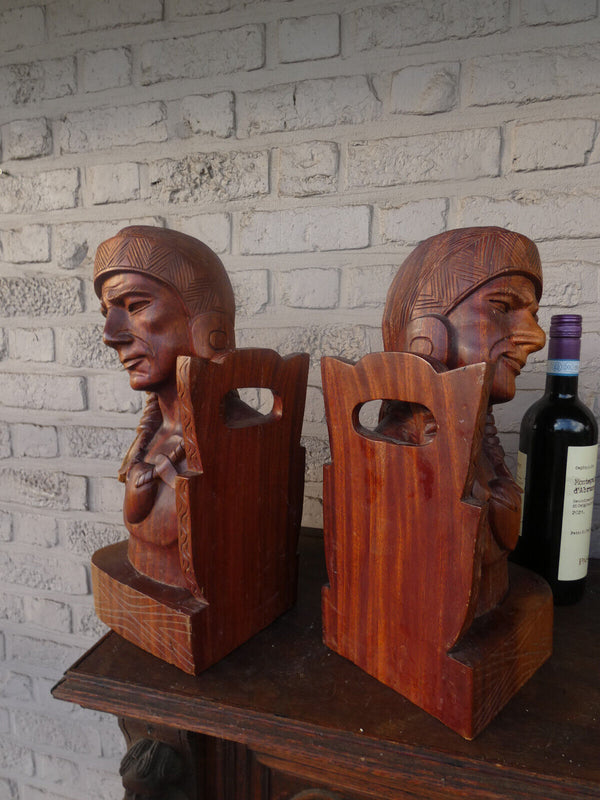 PAIR LARGE wood carved native american Tribal art bookends mid 20thc