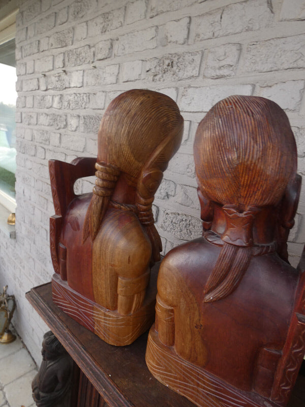 PAIR LARGE wood carved native american Tribal art bookends mid 20thc