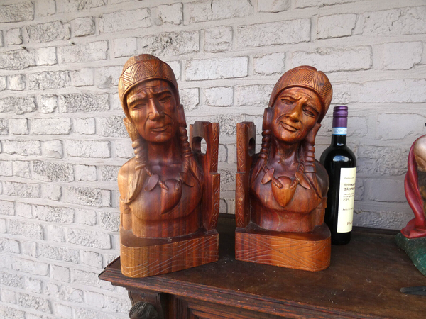 PAIR LARGE wood carved native american Tribal art bookends mid 20thc