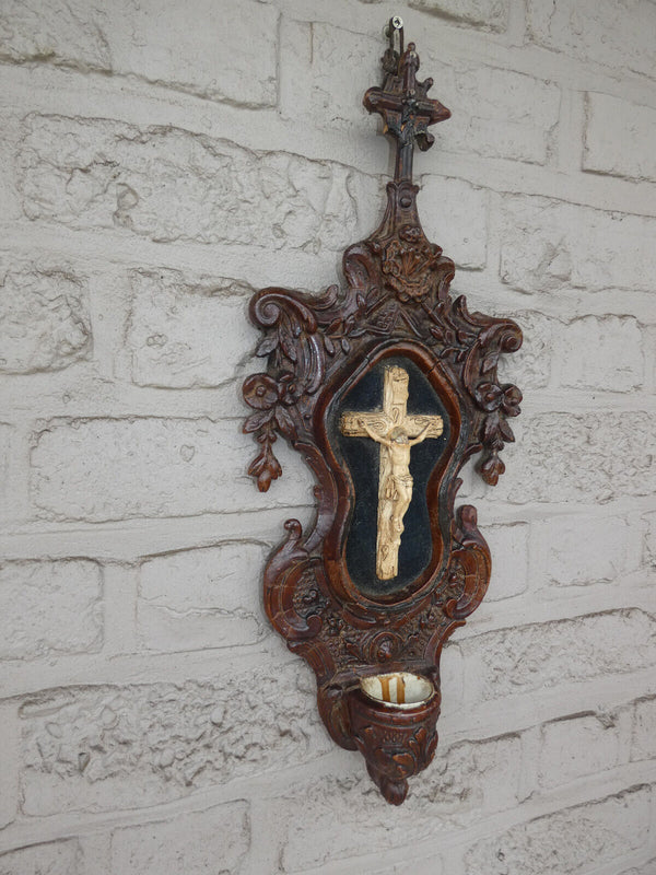 Antique 19thc Large wood carved crucifix plaque holy water font napoleon III