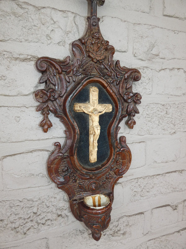 Antique 19thc Large wood carved crucifix plaque holy water font napoleon III