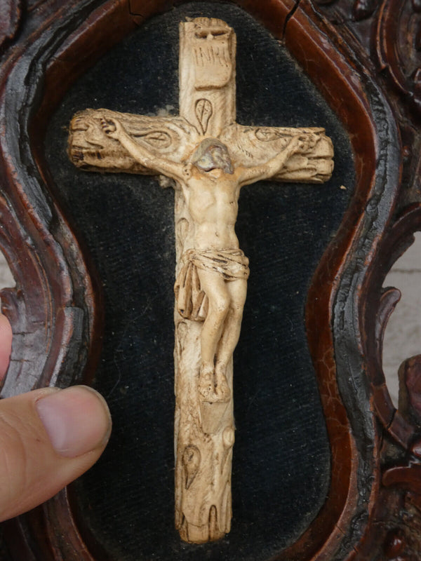 Antique 19thc Large wood carved crucifix plaque holy water font napoleon III