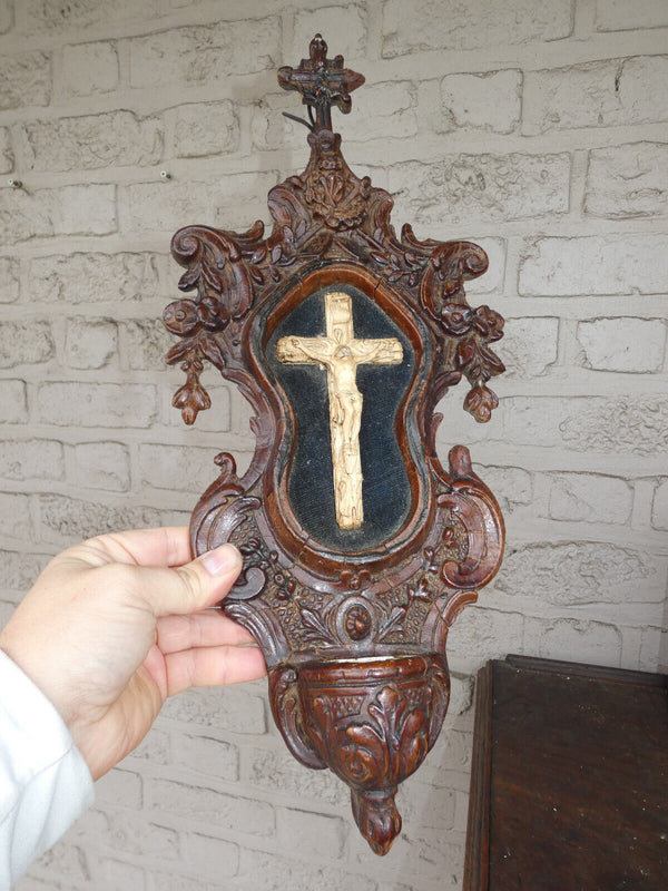 Antique 19thc Large wood carved crucifix plaque holy water font napoleon III