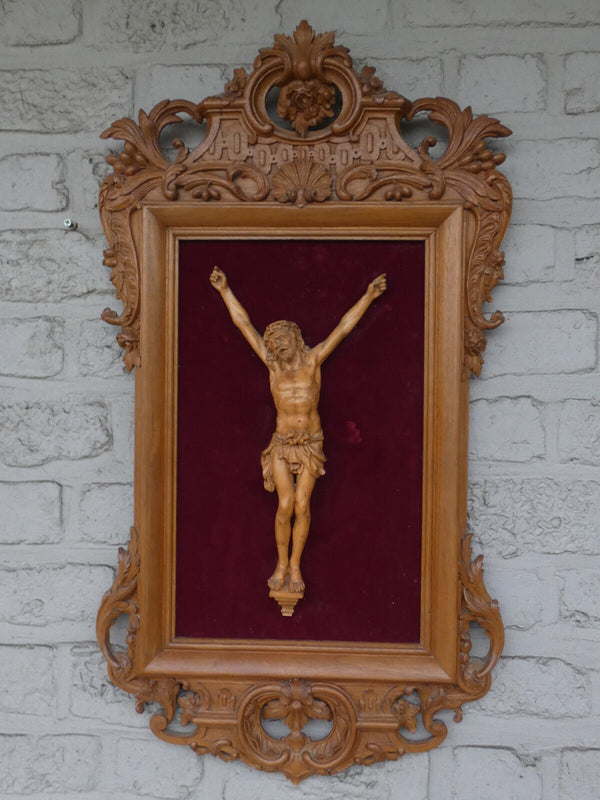 Antique BLack forest german wood carving Wall plaque crucifix rare religious