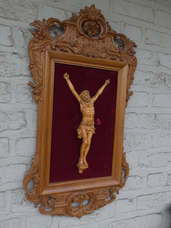 Antique BLack forest german wood carving Wall plaque crucifix rare religious