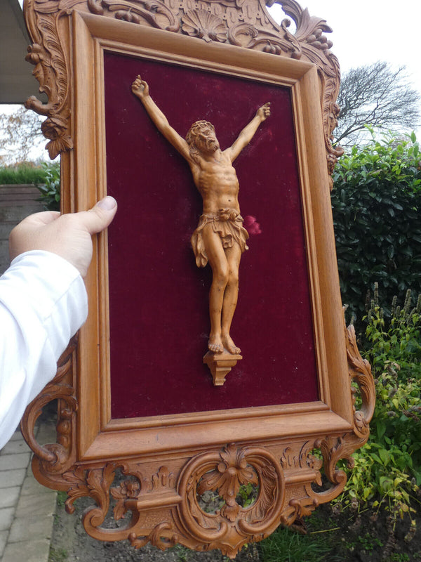 Antique BLack forest german wood carving Wall plaque crucifix rare religious