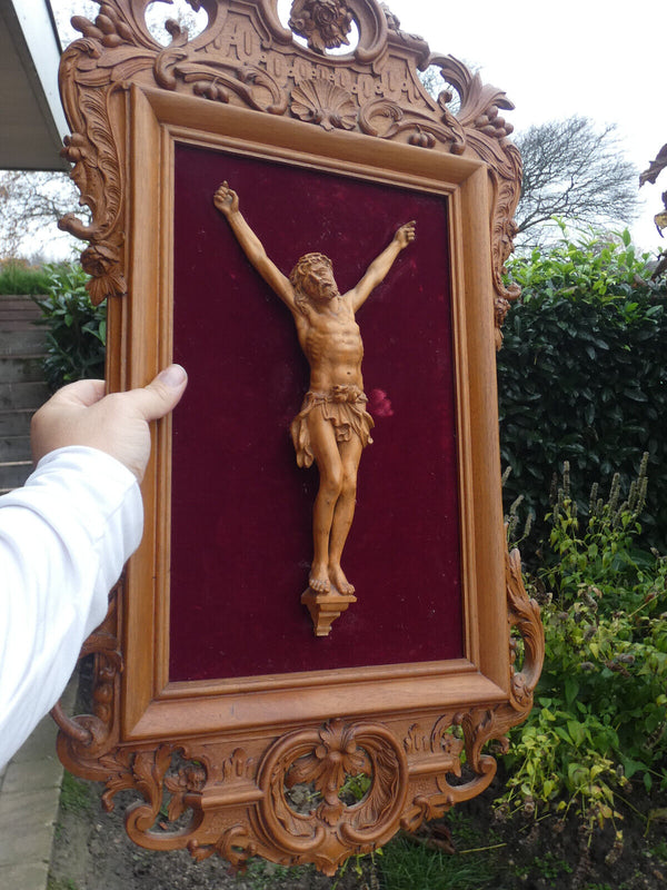 Antique BLack forest german wood carving Wall plaque crucifix rare religious