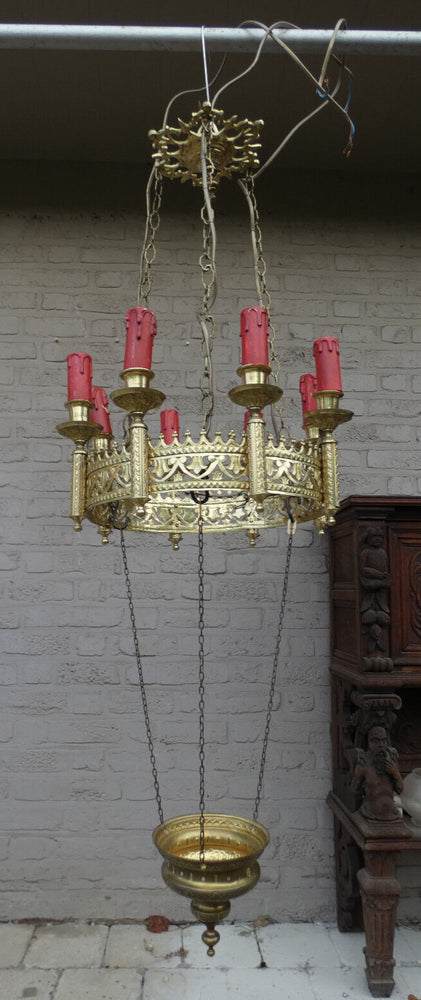 Antique religious neo gothic Church 8 lights lamp chandelier sanctuary rare