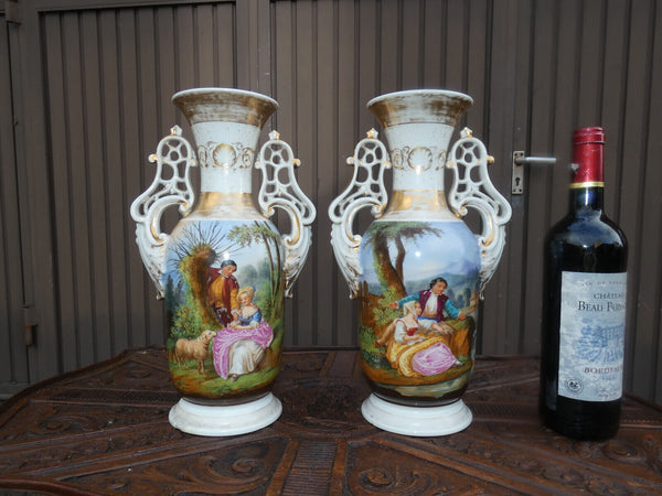 PAIR antique vieux paris porcelain paint romantic Vases