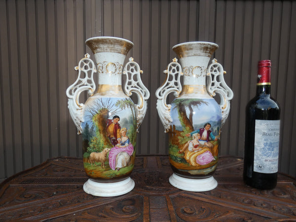 PAIR antique vieux paris porcelain paint romantic Vases