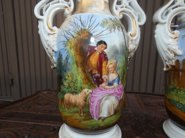 PAIR antique vieux paris porcelain paint romantic Vases